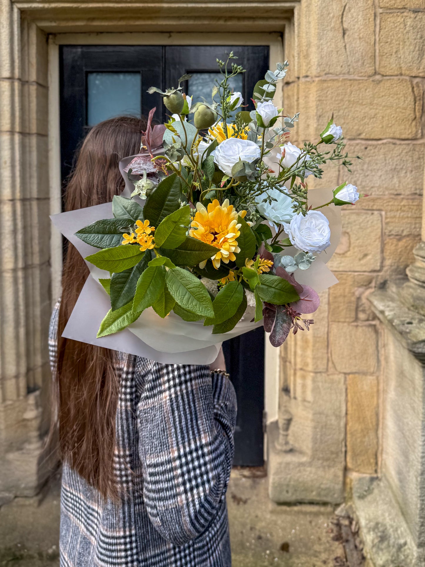 Monique | Large Yellow & White Artificial Flower Bouquet | Rose, Osmanthus, Chrysanthemum | Luxury Hand-Tied Faux Flowers | Ready to Style