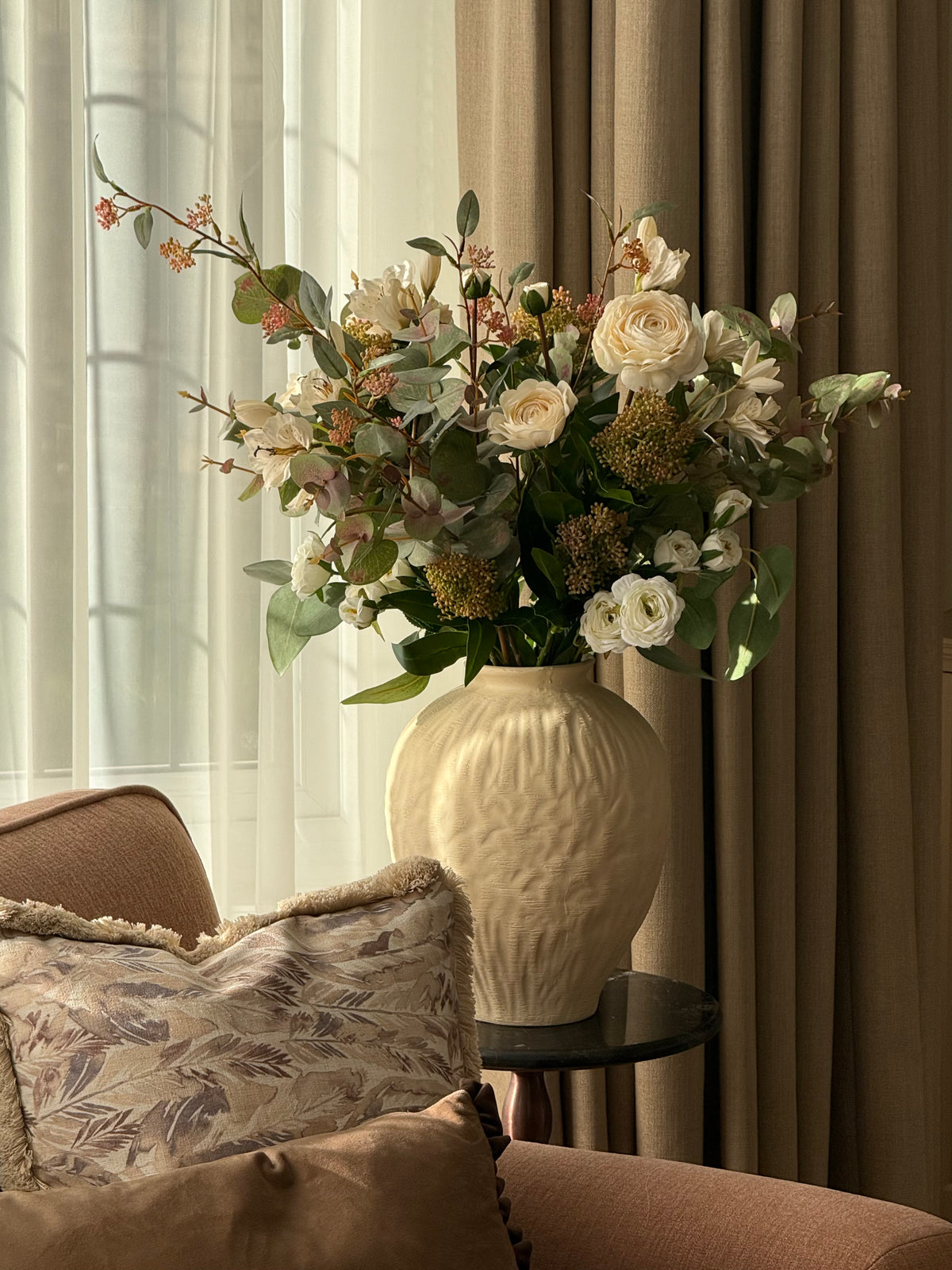 Jade | Large Neutral & White Artificial Flower Bouquet | Foliage, Berries, Ranunculus | Luxury Hand-Tied Faux Flowers | Ready to Style