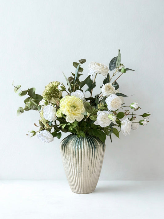 Aisha | Medium White & Neutral Artificial Flower Bouquet | Rose, Ranunculus, Eucalyptus | Luxury Hand-Tied Faux Flowers | Ready to Style