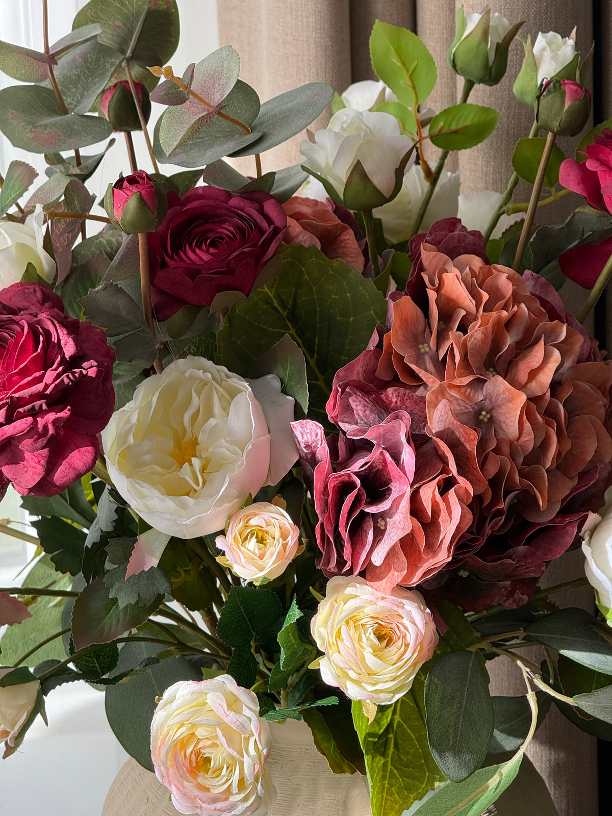 Anna | Large Autumnal Burgundy Artificial Flower Bouquet | Hydrangea, Rose, Eucalyptus | Luxury Hand-Tied Faux Flowers | Ready To Style