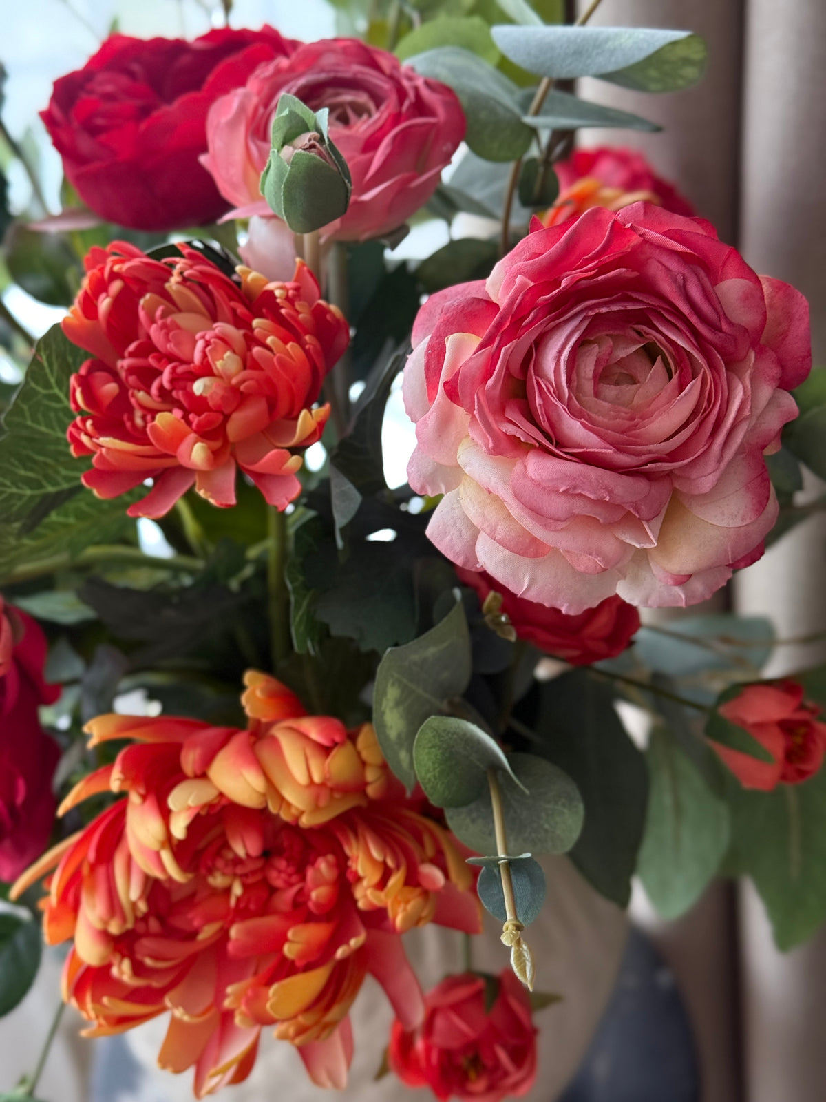 Amber | Large Red & Orange Artificial Flower Summer Bouquet | Ranunculus, Rose, Chrysanthemum | Luxury Hand-Tied Faux Flowers | Ready to Style