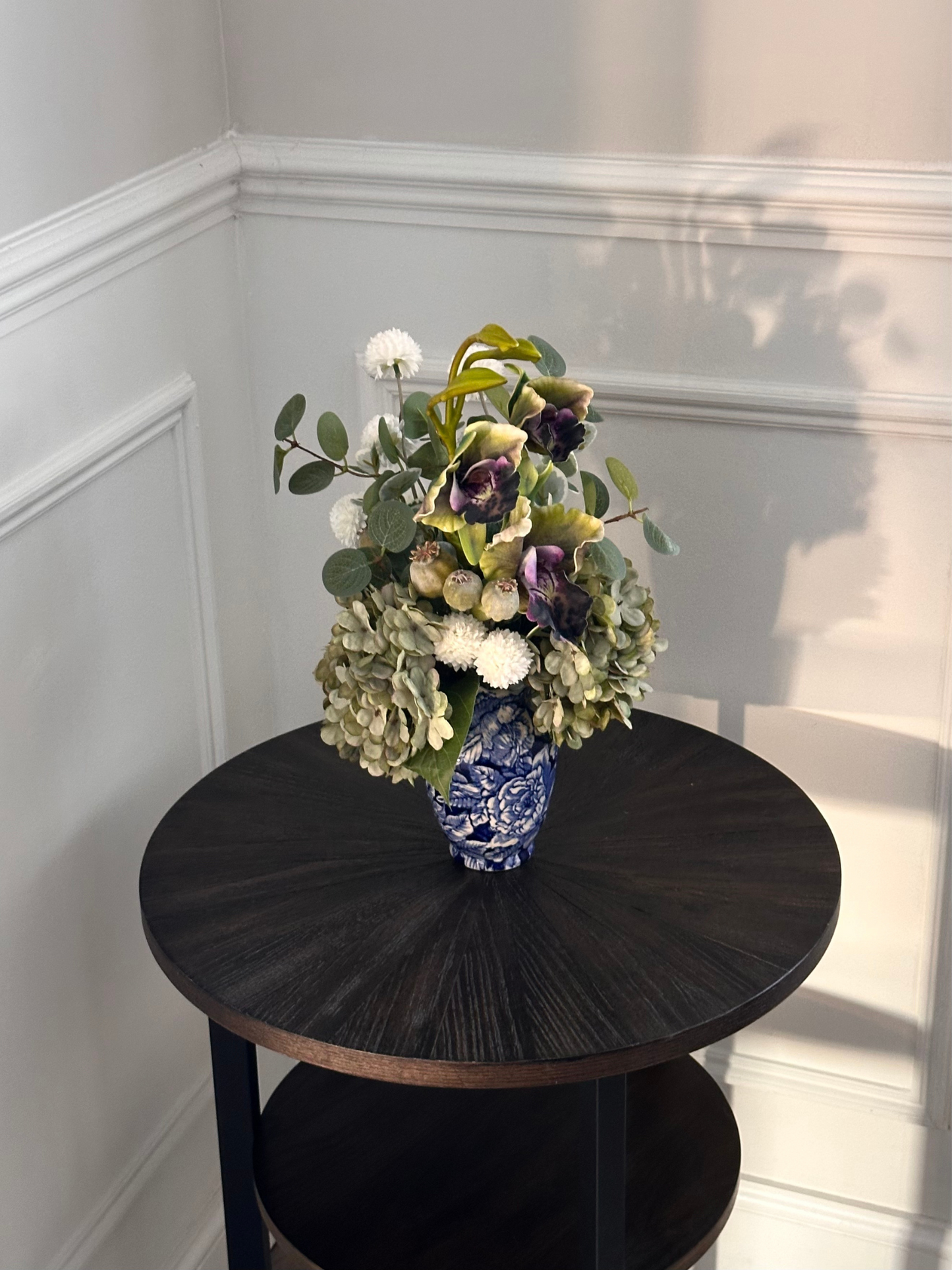 Faux Flowers in Vintage Blue Vase Orchid