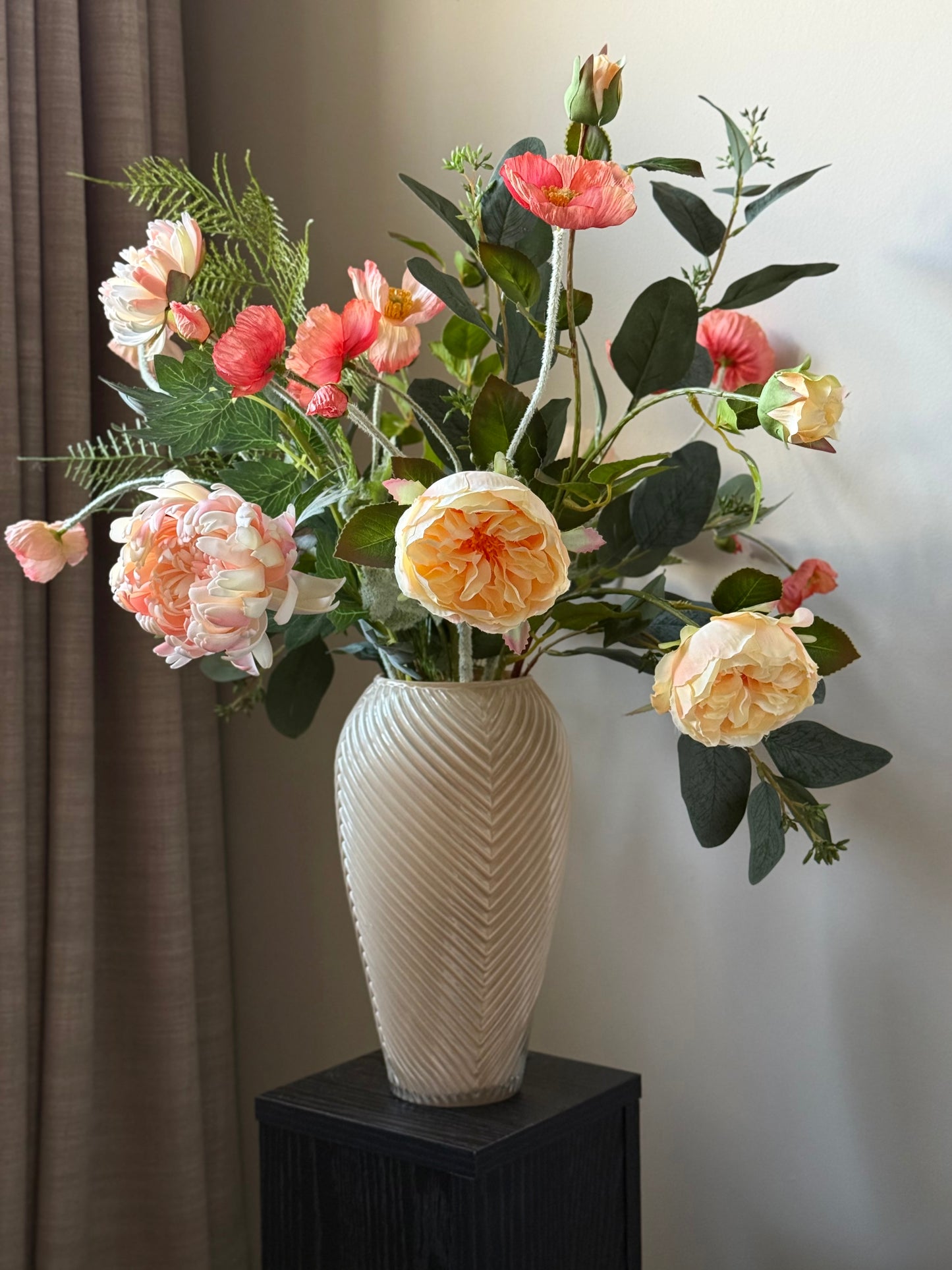 Taylor | Medium Yellow & Peach Artificial Flower Bouquet | Rose, Poppy, Chrysanthemum | Luxury Hand-Tied Faux Flowers | Ready to Style