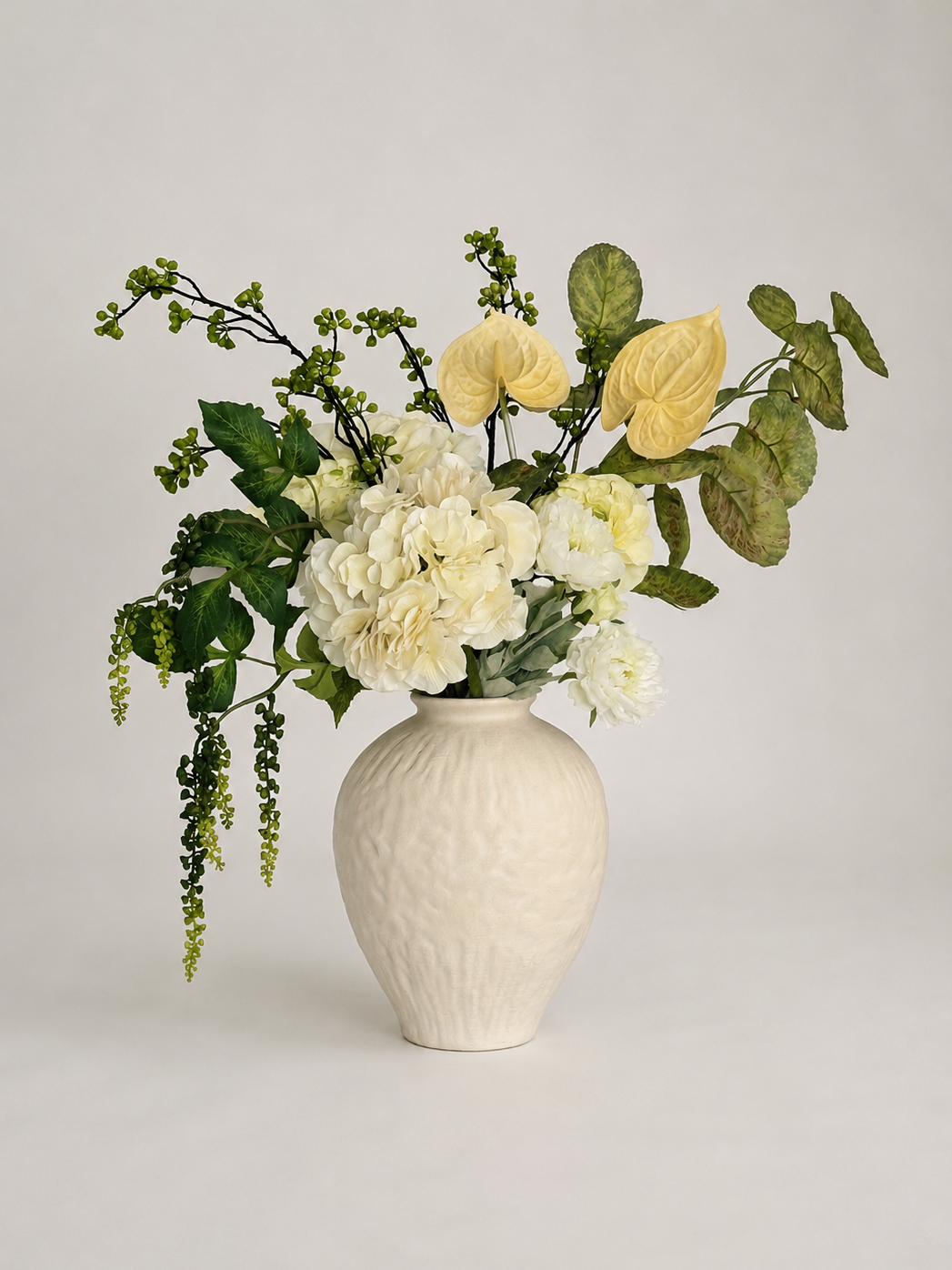 Grace | Extra Large | Neutral & Yellow Artificial Flower Bouquet | Hydrangea, Anthurium, Amaranthus | Luxury Hand-Tied Faux Flowers | Ready to Style