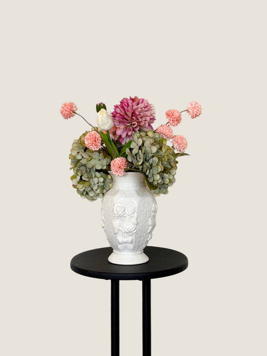 Laura | Arrangement including Vintage Vase | Pink, White, Green