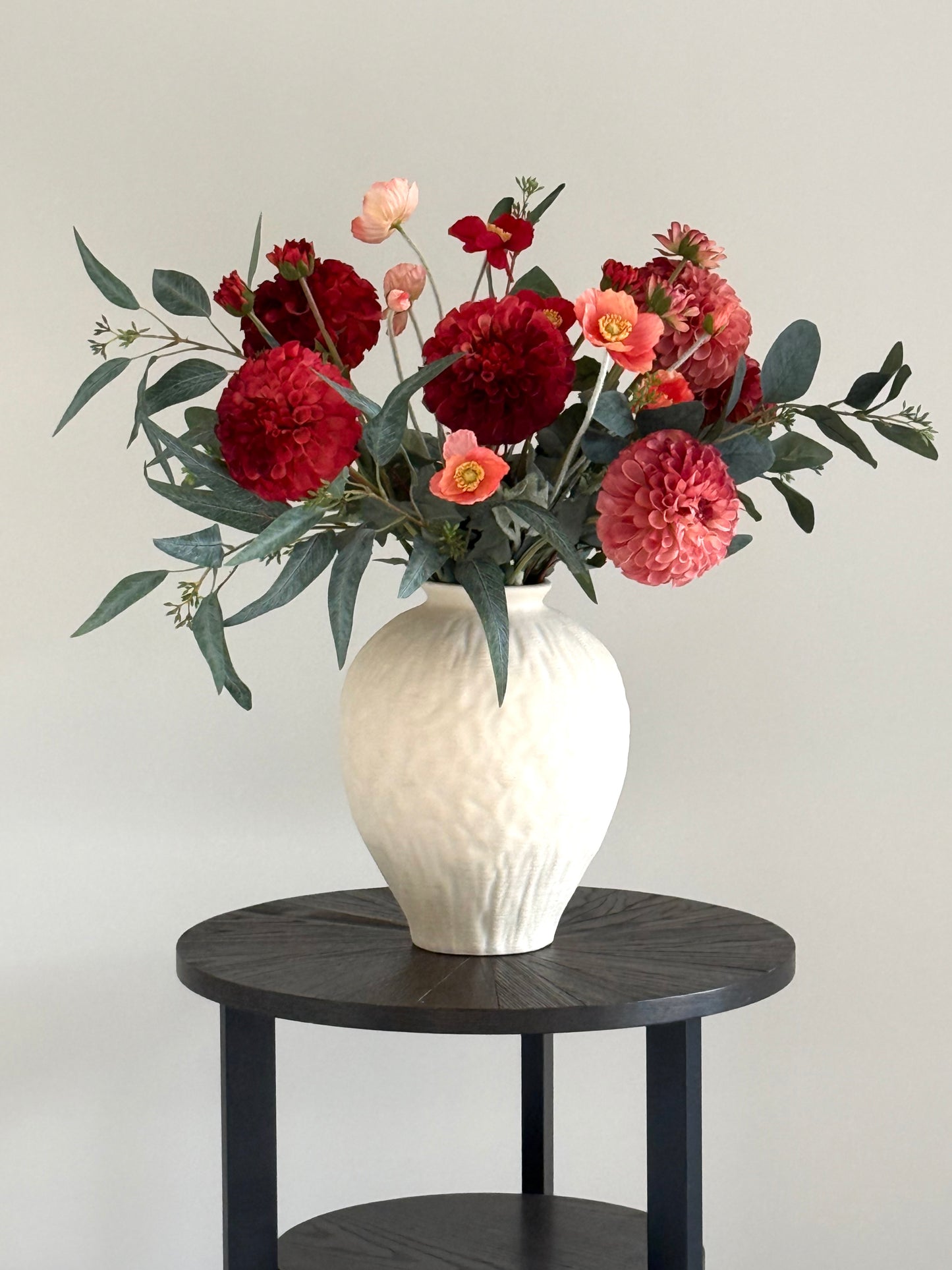 Leah | Large Red & Coral Artificial Flower Bouquet | Dahlia, Poppy, Willow | Luxury Hand-Tied Faux Flowers | Ready to Style