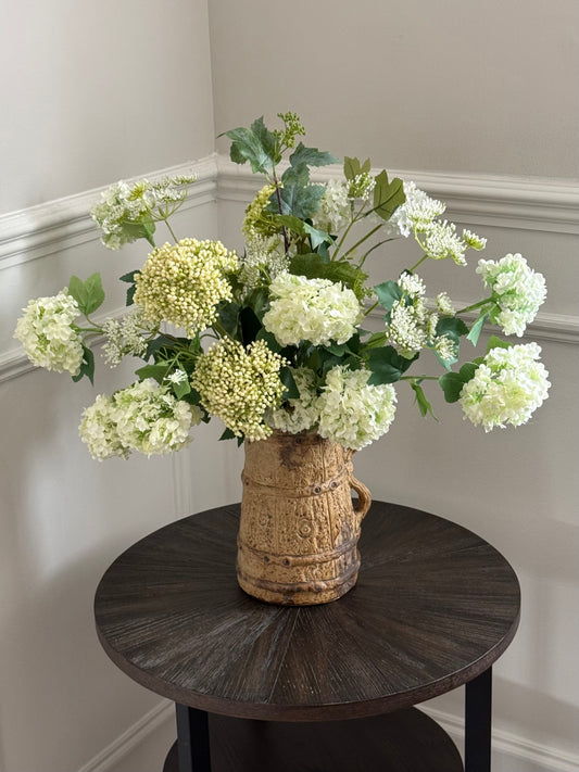 Lizzie | Arrangement including Vintage Vase | White, Green, Hydrangea