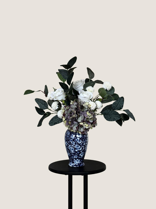 Carole | Arrangement including Vintage Vase | Green, Purple, White