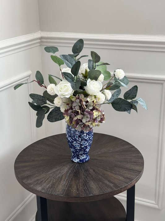 Carole | Arrangement including Vintage Vase | Green, Purple, White