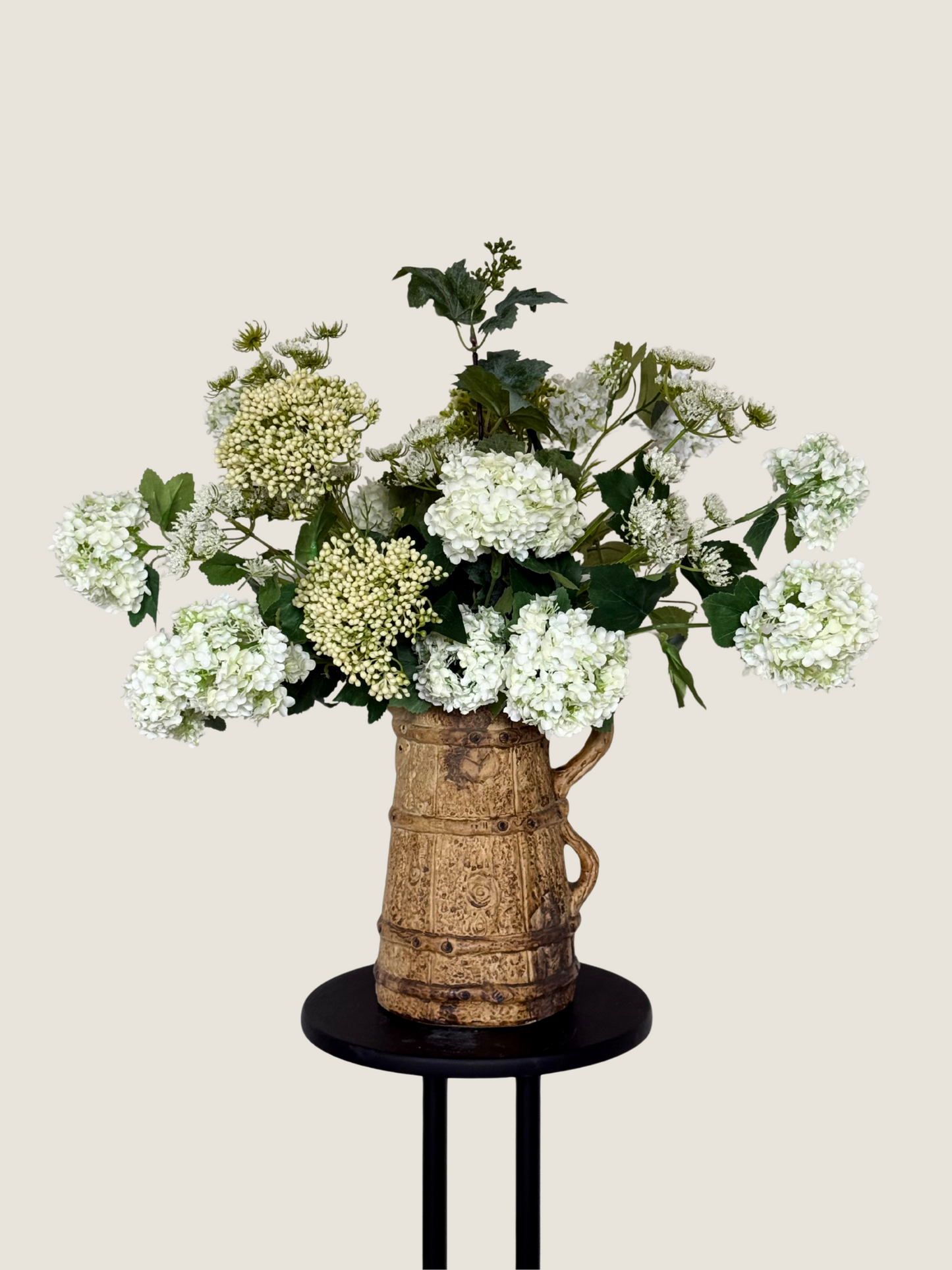 Lizzie | Arrangement including Vintage Vase | White, Green, Hydrangea