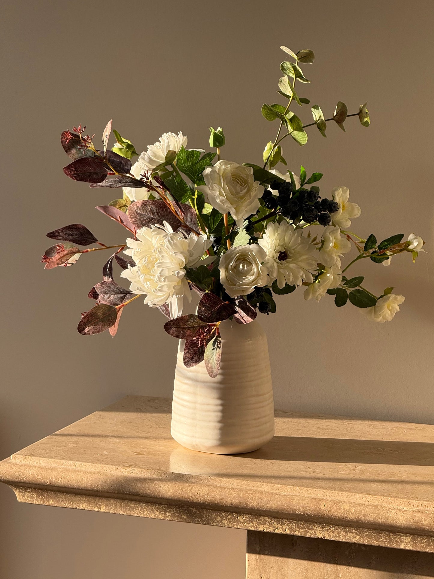 Radhika | Small Neutral & White Artificial Flower Bouquet | Rose, Chrysanthemum, Ranunculus | Luxury Hand-Tied Faux Flowers | Ready to Style