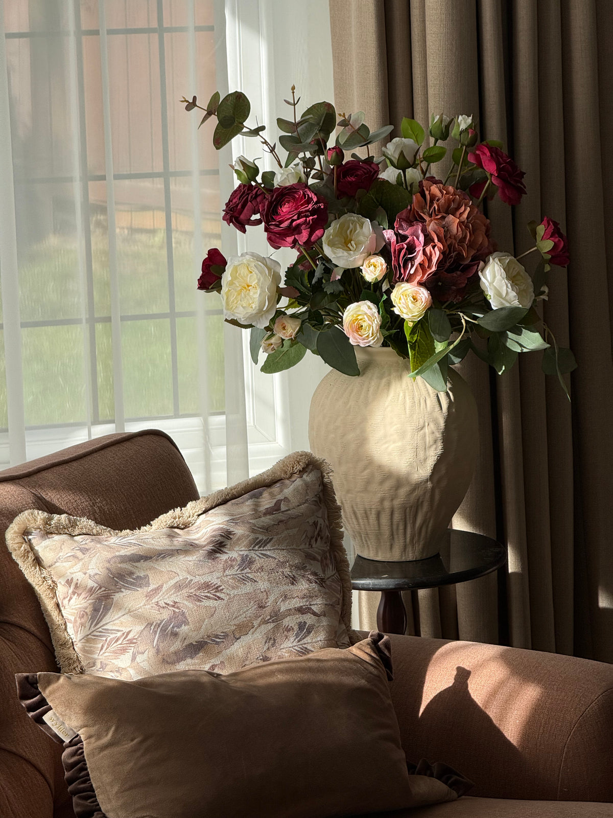 Anna | Large Autumnal Burgundy Artificial Flower Bouquet | Hydrangea, Rose, Eucalyptus | Luxury Hand-Tied Faux Flowers | Ready To Style