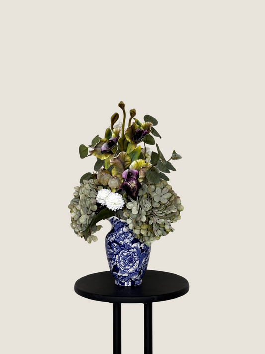 Charlotte | Arrangement including Vintage Vase | Green, Purple, White