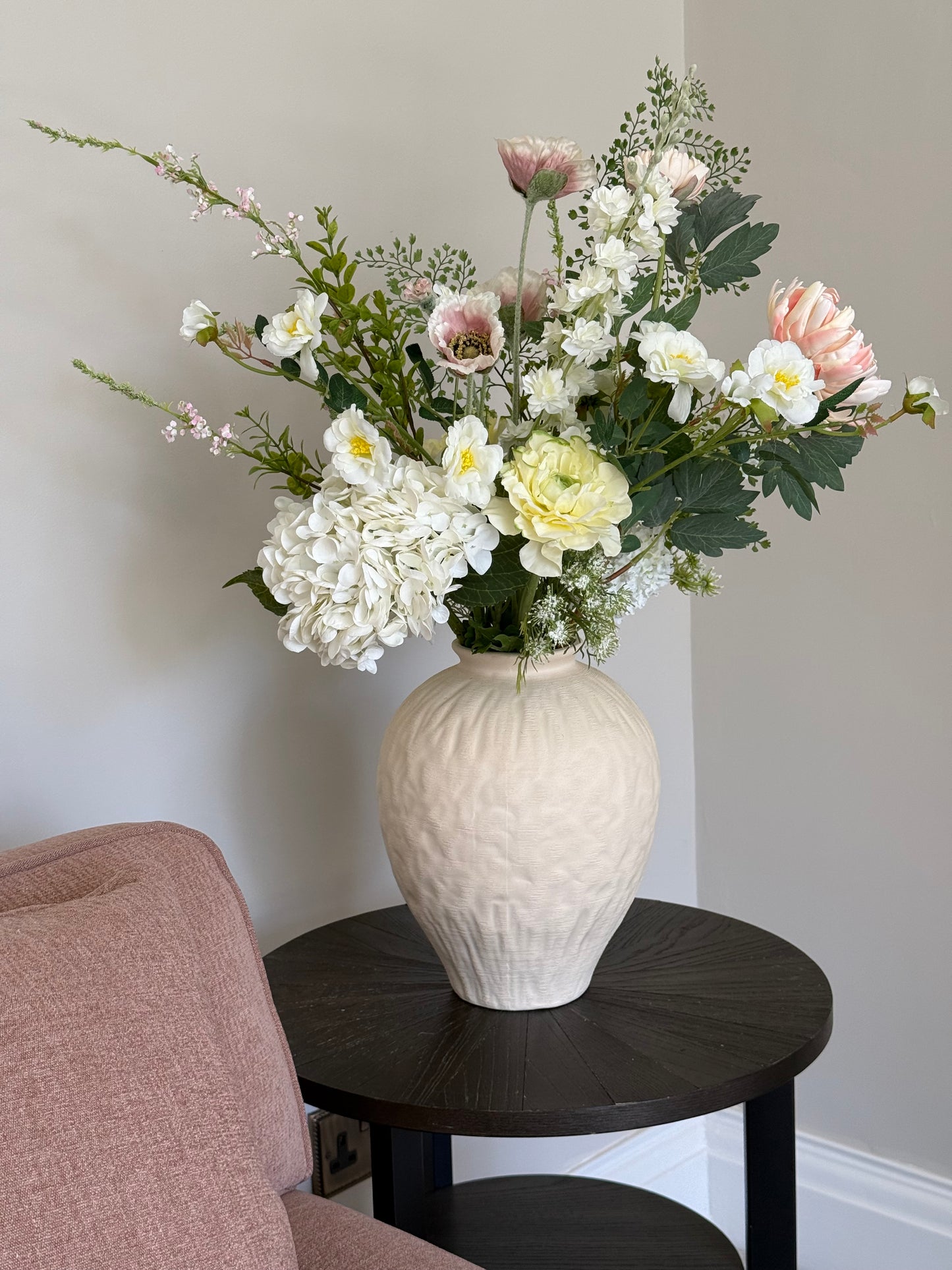 Lizzie | Large Pink & White Artificial Flower Bouquet | Hydrangea, Fern, Ranunculus