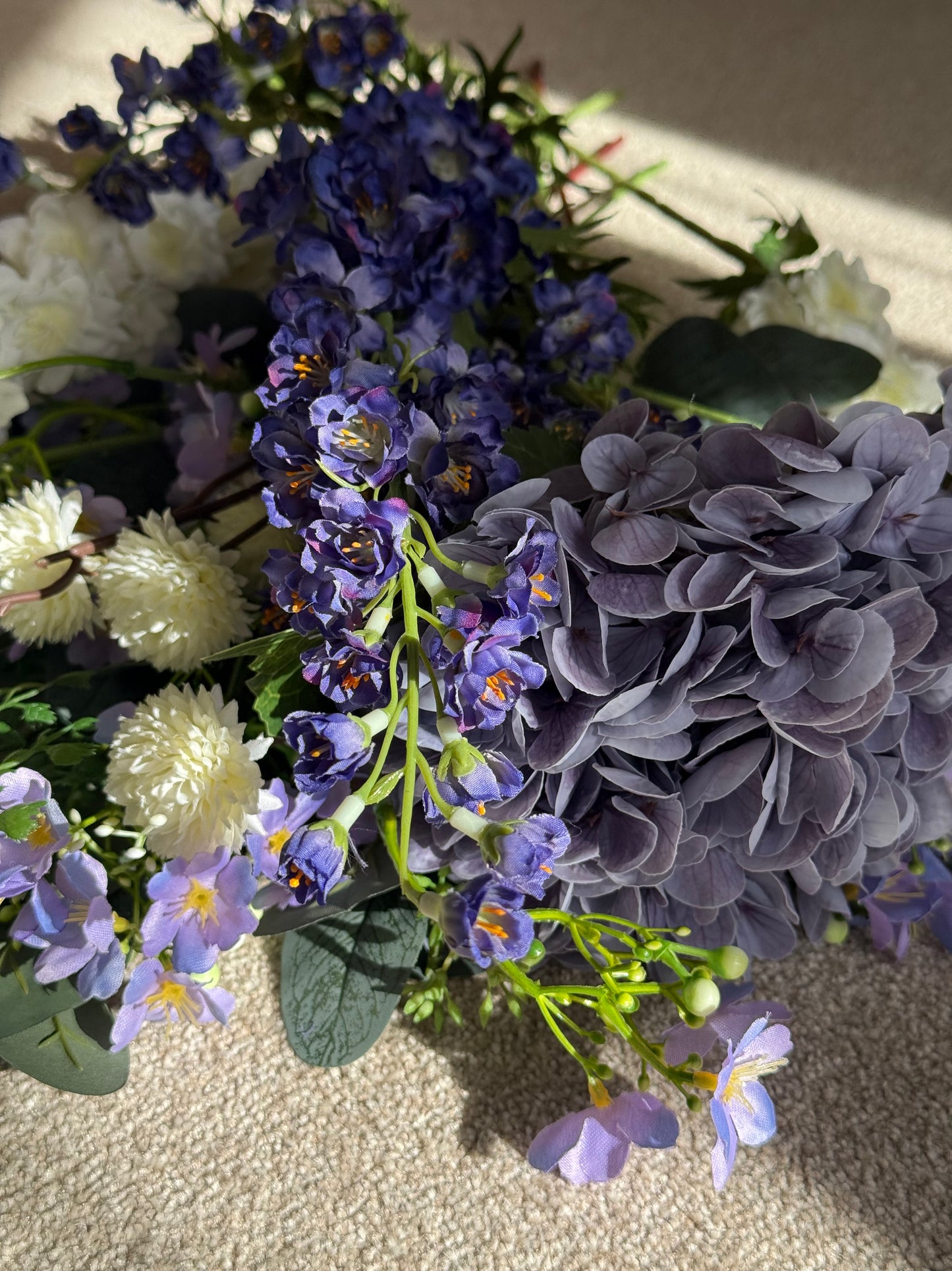 Joanna | Large Lilac & Blue Artificial Flower Bouquet | Delphinium, Hydrangea, Daphne