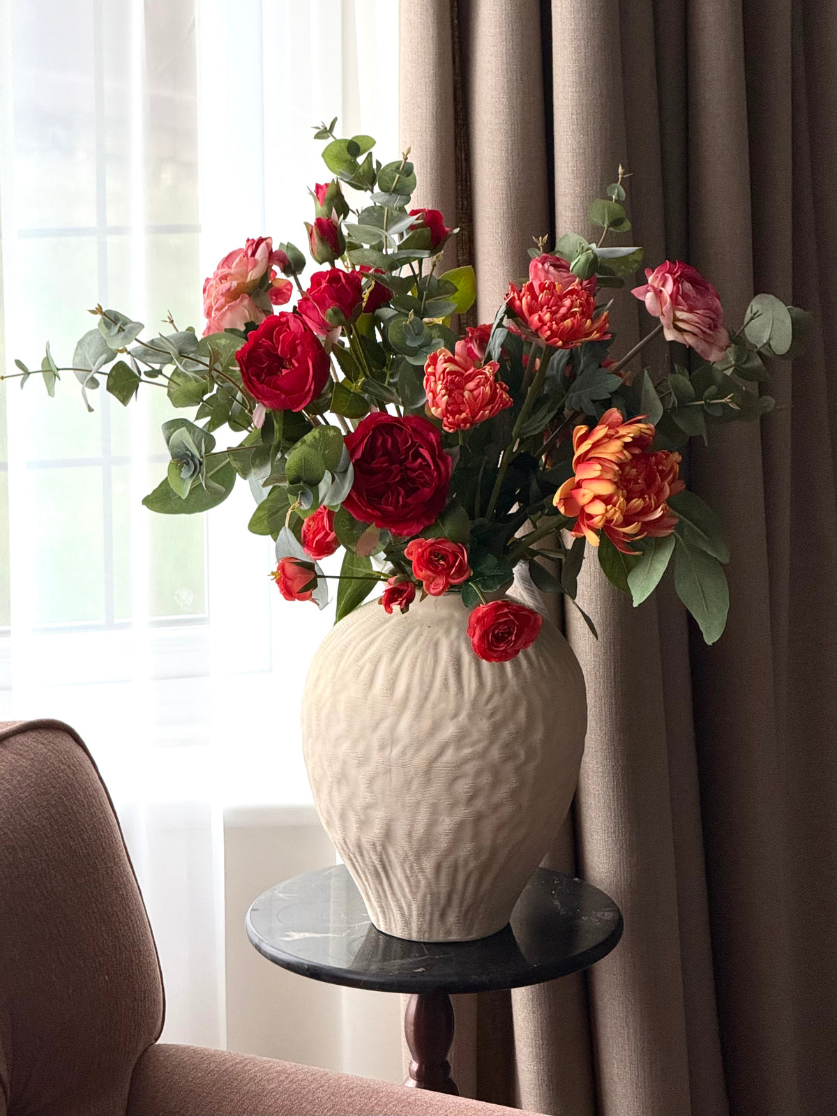 Amber | Large Red & Orange Artificial Flower Summer Bouquet | Ranunculus, Rose, Chrysanthemum | Luxury Hand-Tied Faux Flowers | Ready to Style