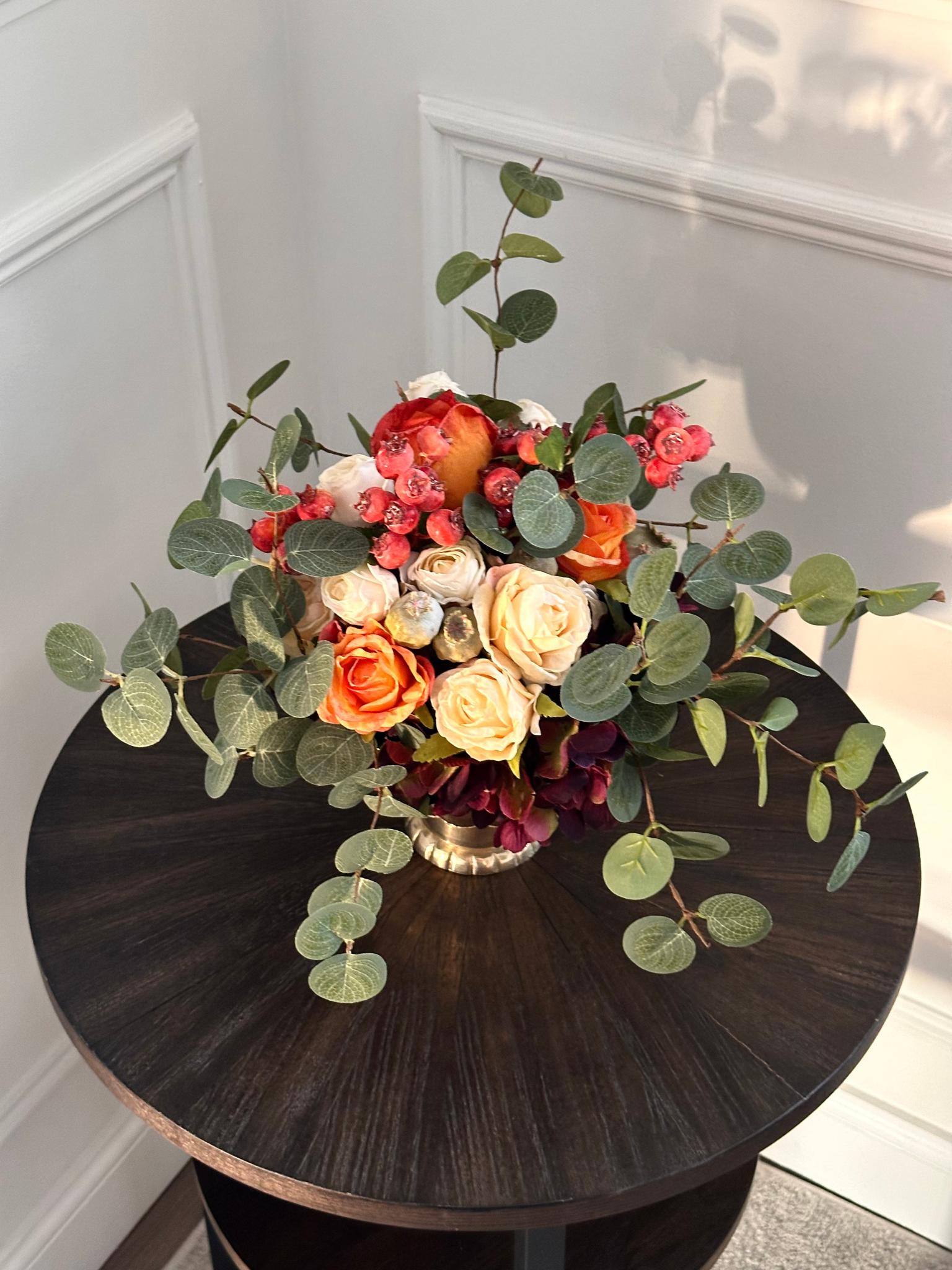Bespoke autumn centrepiece faux flower arrangement