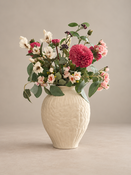 A cream-colored textured ceramic vase filled with a colorful floral arrangement featuring pink, red, and white flowers with green leaves, set against a neutral beige background.