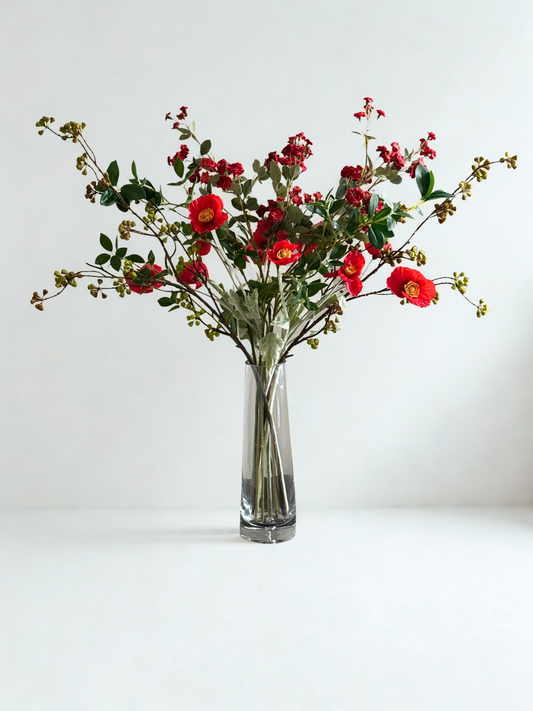 Clear glass vase with red flowers on a white background
