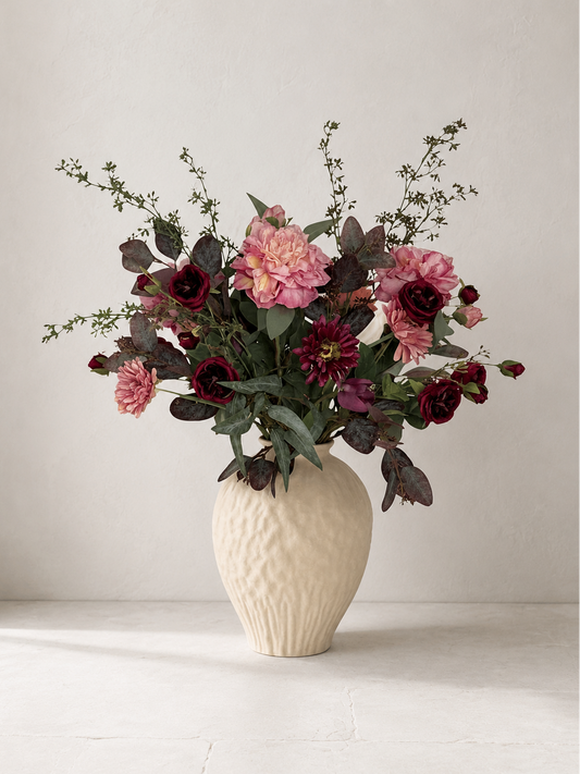 Deel Purple Flowers in Large Textured Ceramic Vase White Cream Neutral