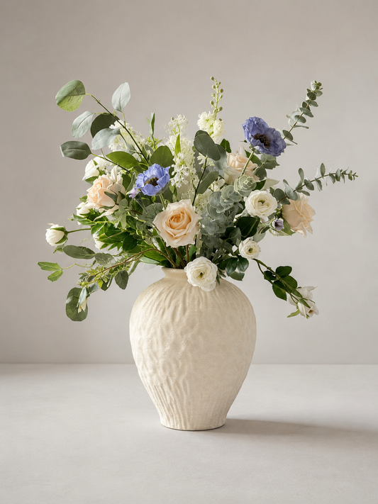 Blue Flowers in a Large Textured Ceramic Vase White Cream Neutral