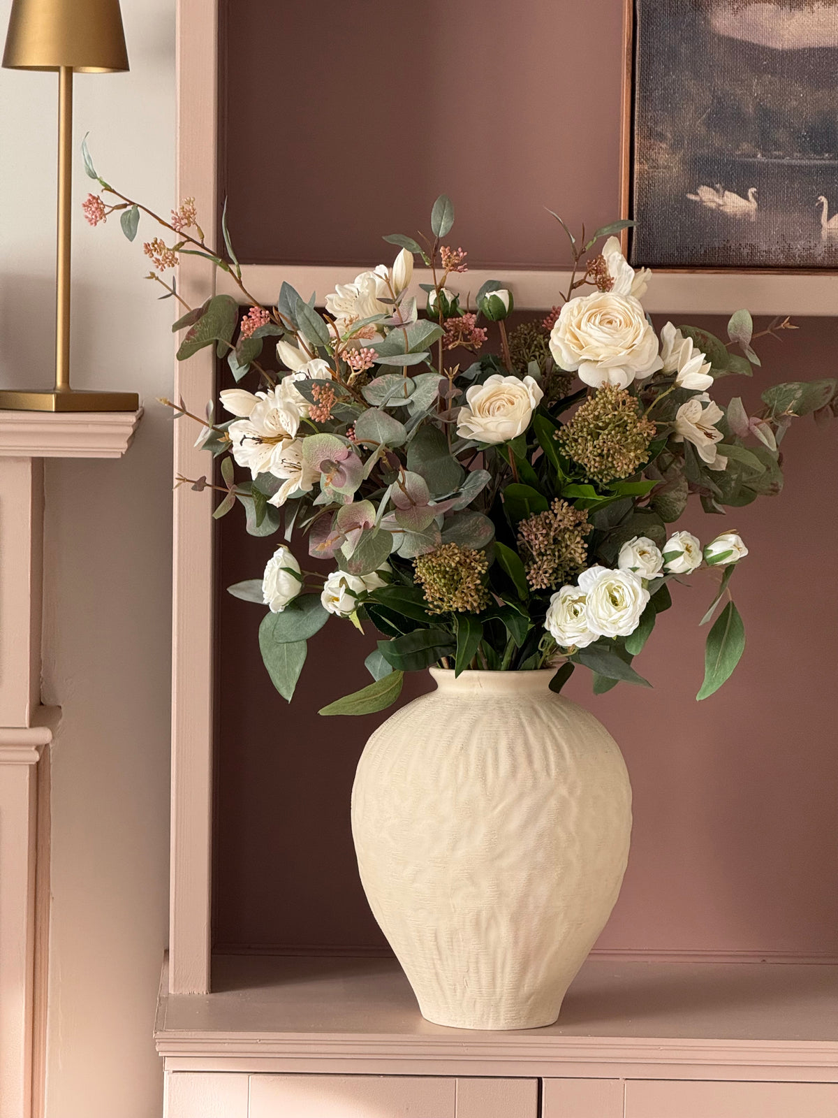 Jade | Large Neutral & White Artificial Flower Bouquet | Foliage, Berries, Ranunculus | Luxury Hand-Tied Faux Flowers | Ready to Style