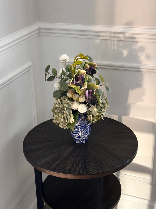 Faux Flowers in Vintage Blue Vase Orchid 
