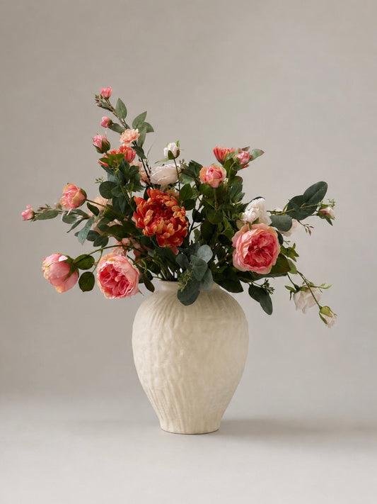 Coral Flowers in a Large Textured Ceramic Vase Beige Cream Neutral
