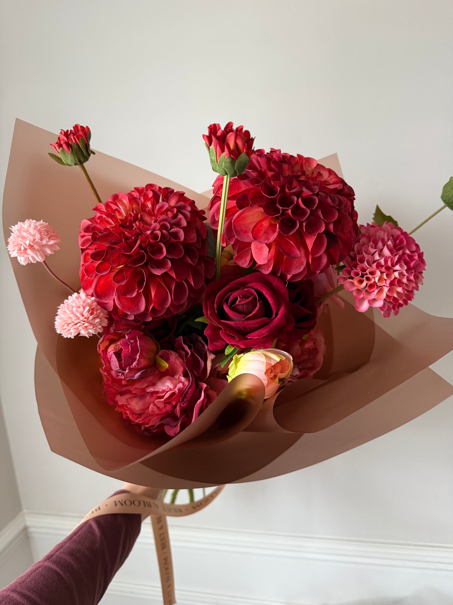 Katie | Medium Red Artificial Flower Bouquet | Dahlia, Peony, Rose | Luxury Hand-Tied Faux Flowers | Ready to Style
