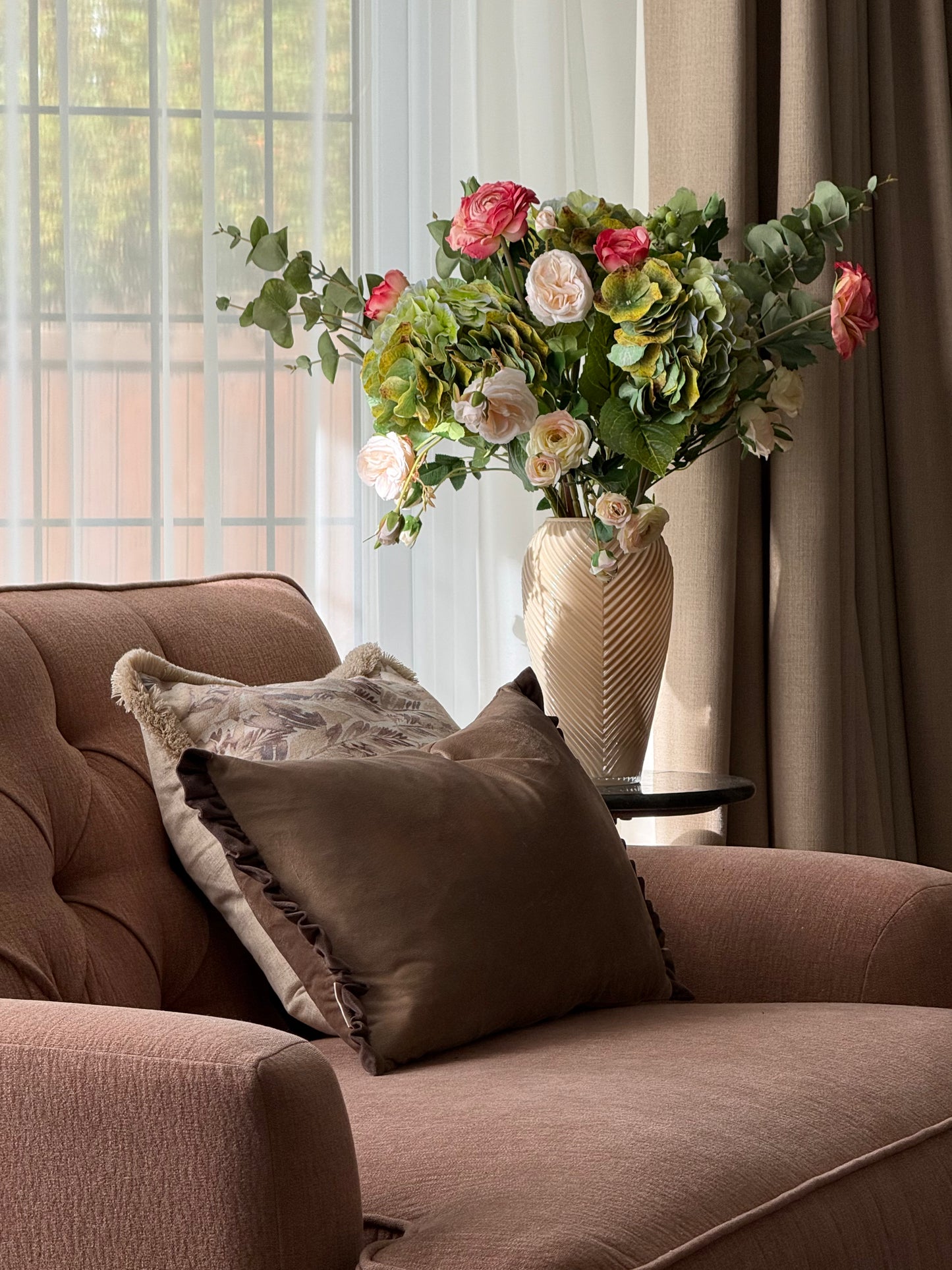 Ava | Large Pink & Green Artificial Flower Bouquet | Hydrangea, Ranunculus, Rose | Luxury Hand-Tied Faux Flowers | Ready to Style