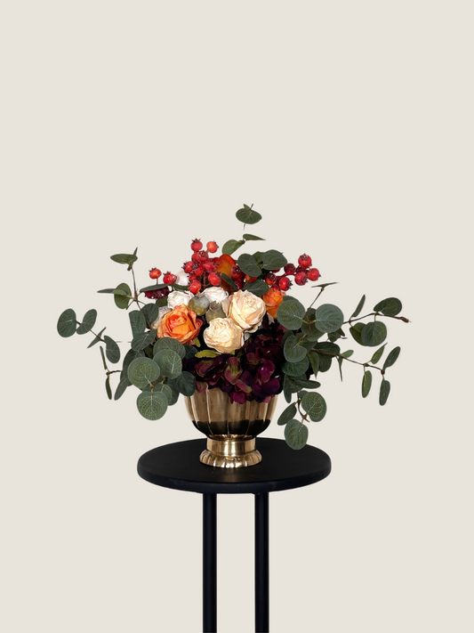 Jane | Autumn Arrangement including Vintage Vase | Orange, White, Purple, Green