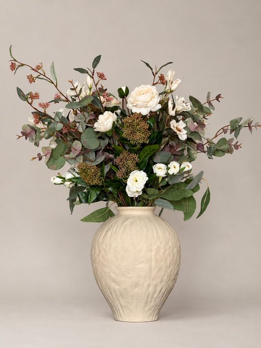 Jade | Large Neutral & White Artificial Flower Bouquet | Foliage, Berries, Ranunculus | Luxury Hand-Tied Faux Flowers | Ready to Style