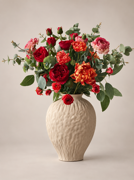 Amber | Large Red & Orange Artificial Flower Summer Bouquet | Ranunculus, Rose, Chrysanthemum | Luxury Hand-Tied Faux Flowers | Ready to Style