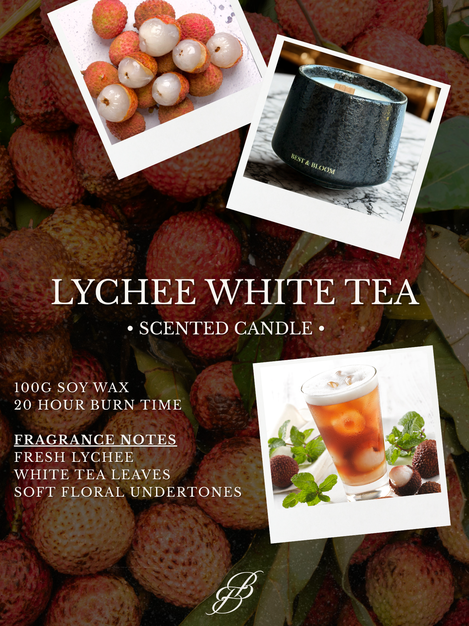 Scented candle packaging with lychee and white tea imagery, featuring a candle and lychees.