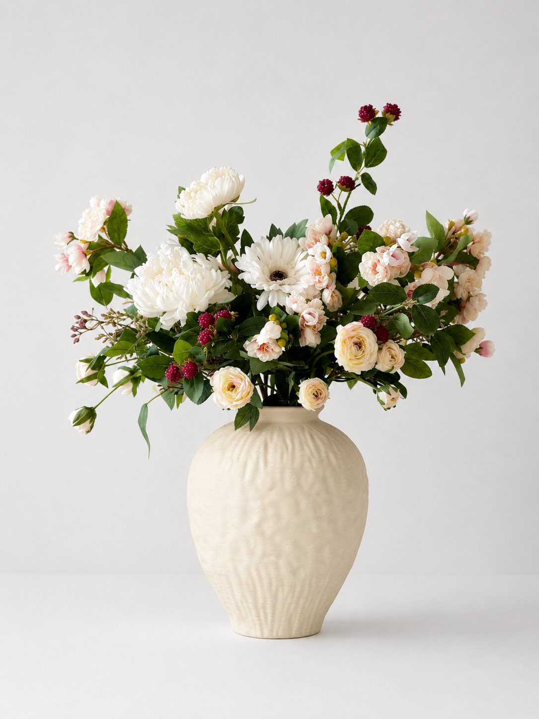 Faux Floral Arrangement with Raspberries in a Large Textured Ceramic Vase White Cream Neutral