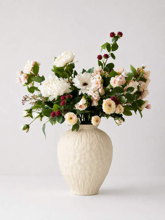 Faux Floral Arrangement with Raspberries in a Large Textured Ceramic Vase White Cream Neutral