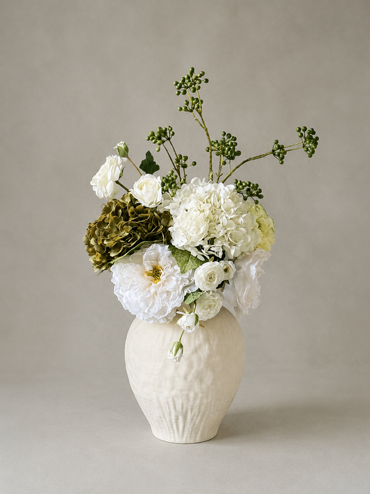 Best and Bloom Artificial Flowers in a Large Textured Ceramic Vase White Cream Neutral