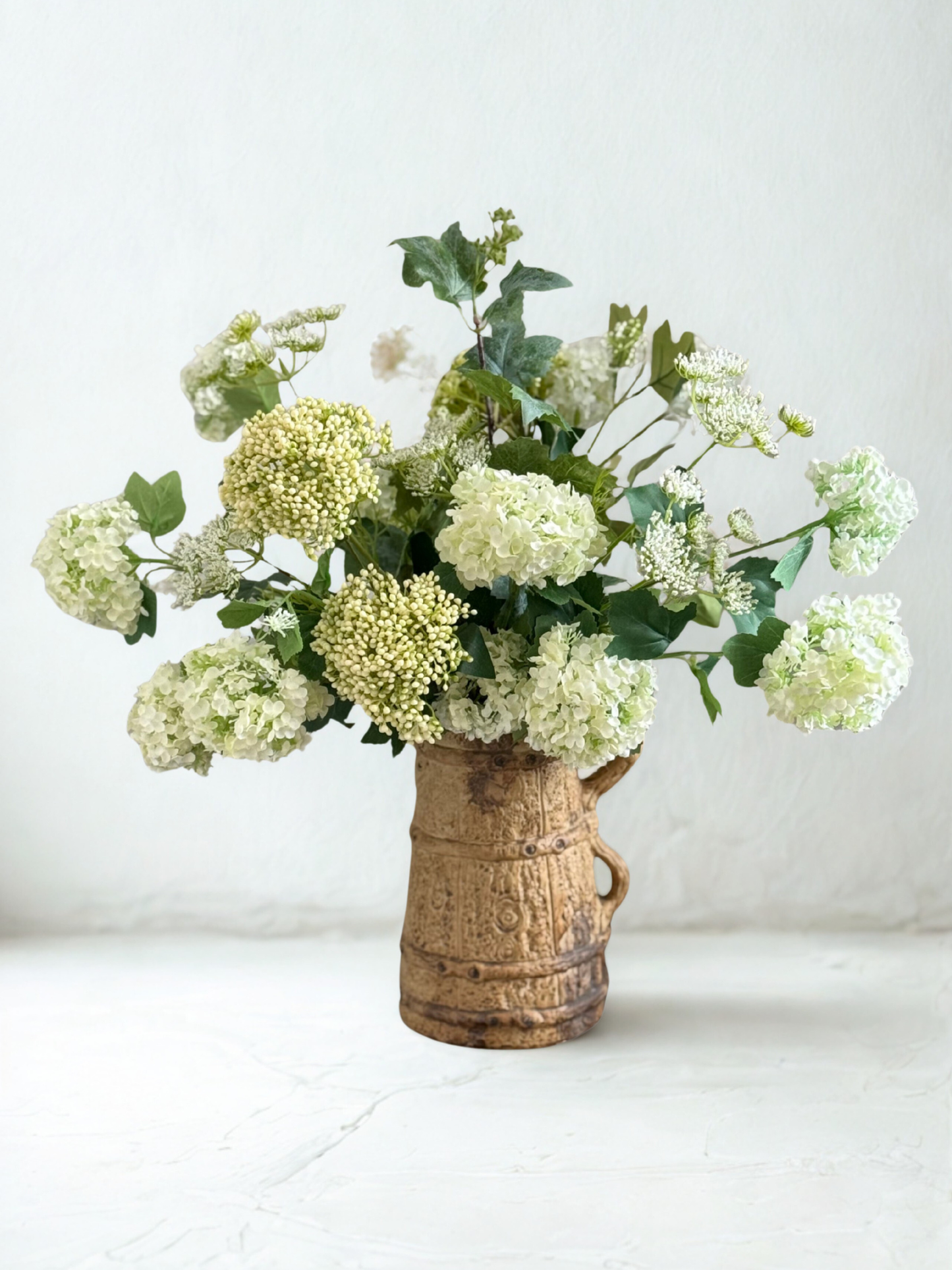 Lizzie | Arrangement including Vintage Vase | White, Green, Hydrangea