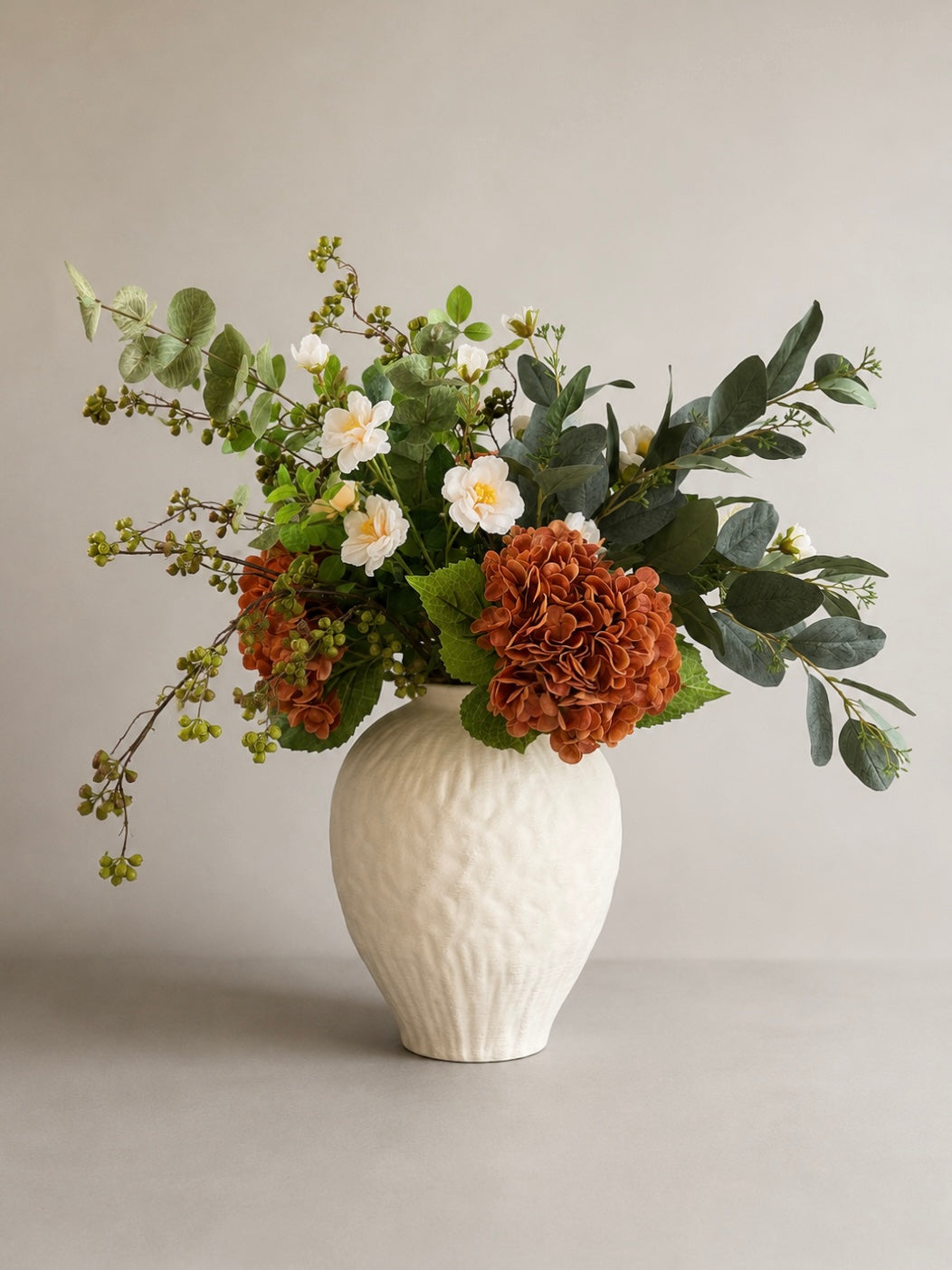 Orange Faux Flowers in a Large Textured Ceramic Vase Beige Cream Neutral