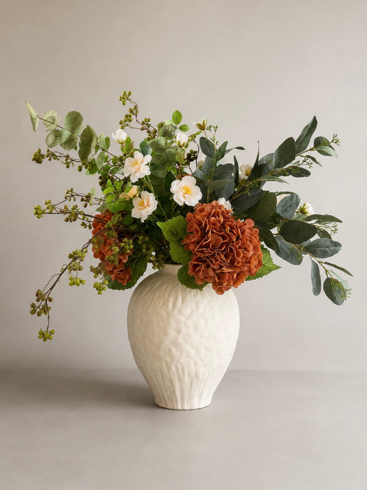 Orange Faux Flowers in a Large Textured Ceramic Vase Beige Cream Neutral