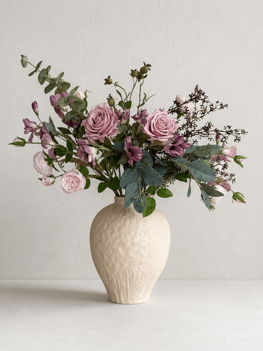 Pink Artificial Flowers in Large Textured Ceramic Vase White Cream Neutral