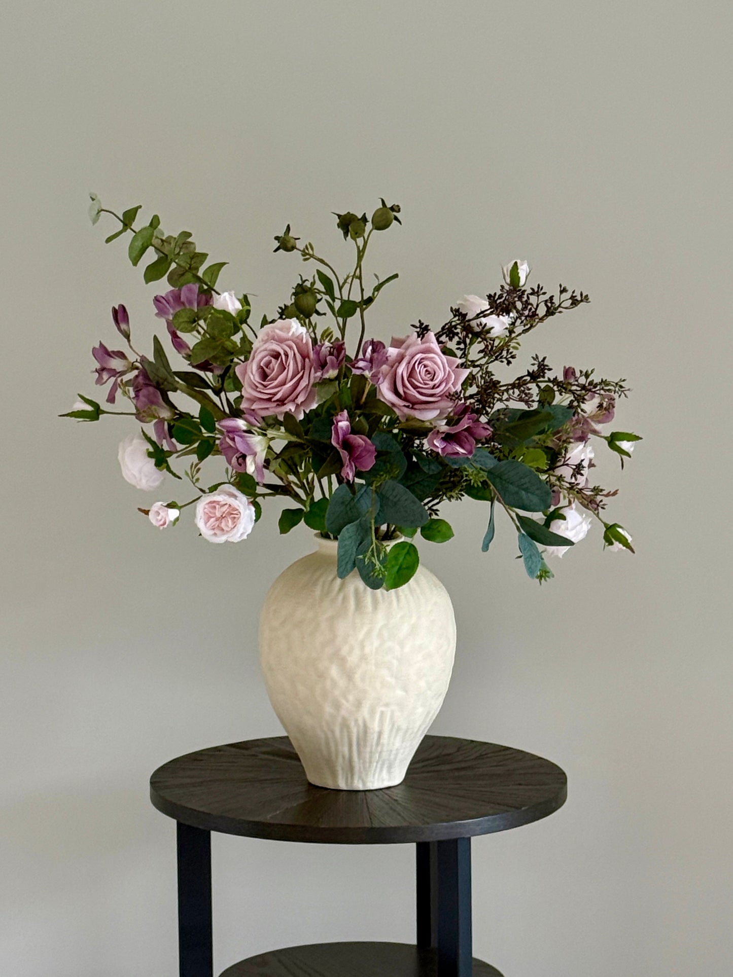Pink Flowers in Large Textured Ceramic Vase White Cream Neutral