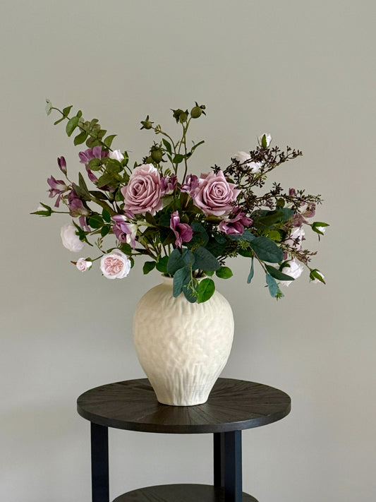 Pink Flowers in Large Textured Ceramic Vase White Cream Neutral