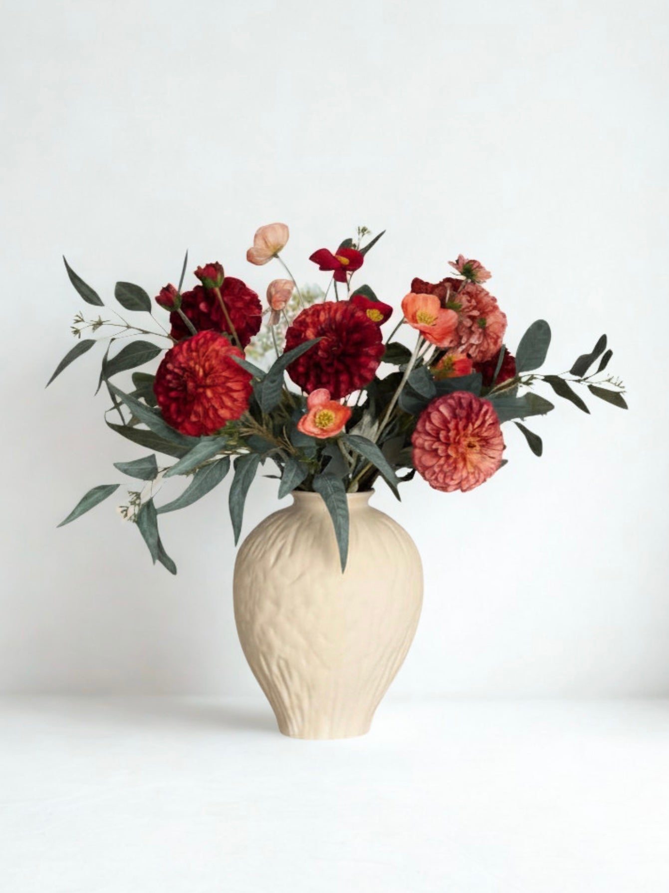 Red Dahlia Faux Flowers in a Large Textured Ceramic Vase Beige Cream Neutral