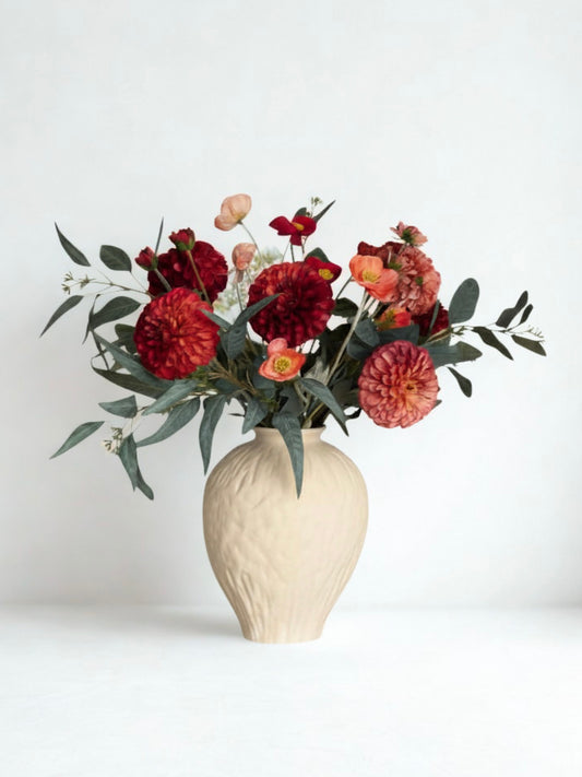 Red Dahlia Faux Flowers in a Large Textured Ceramic Vase Beige Cream Neutral