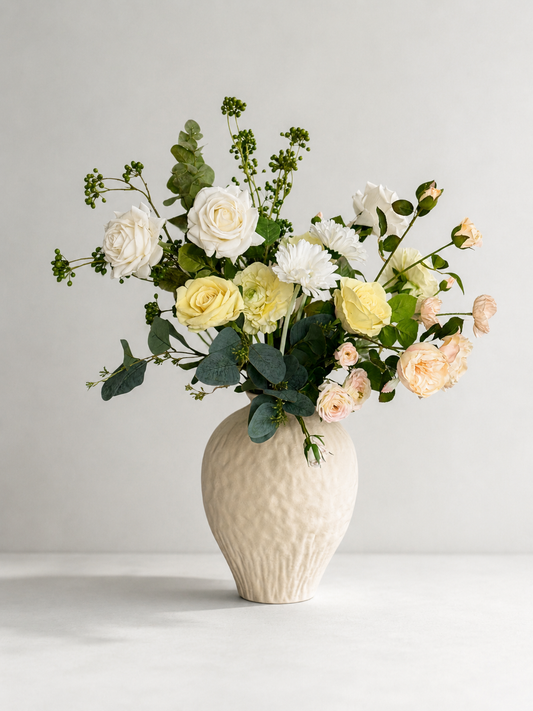 yellow Floral arrangement in a textured ceramic vase on a light background